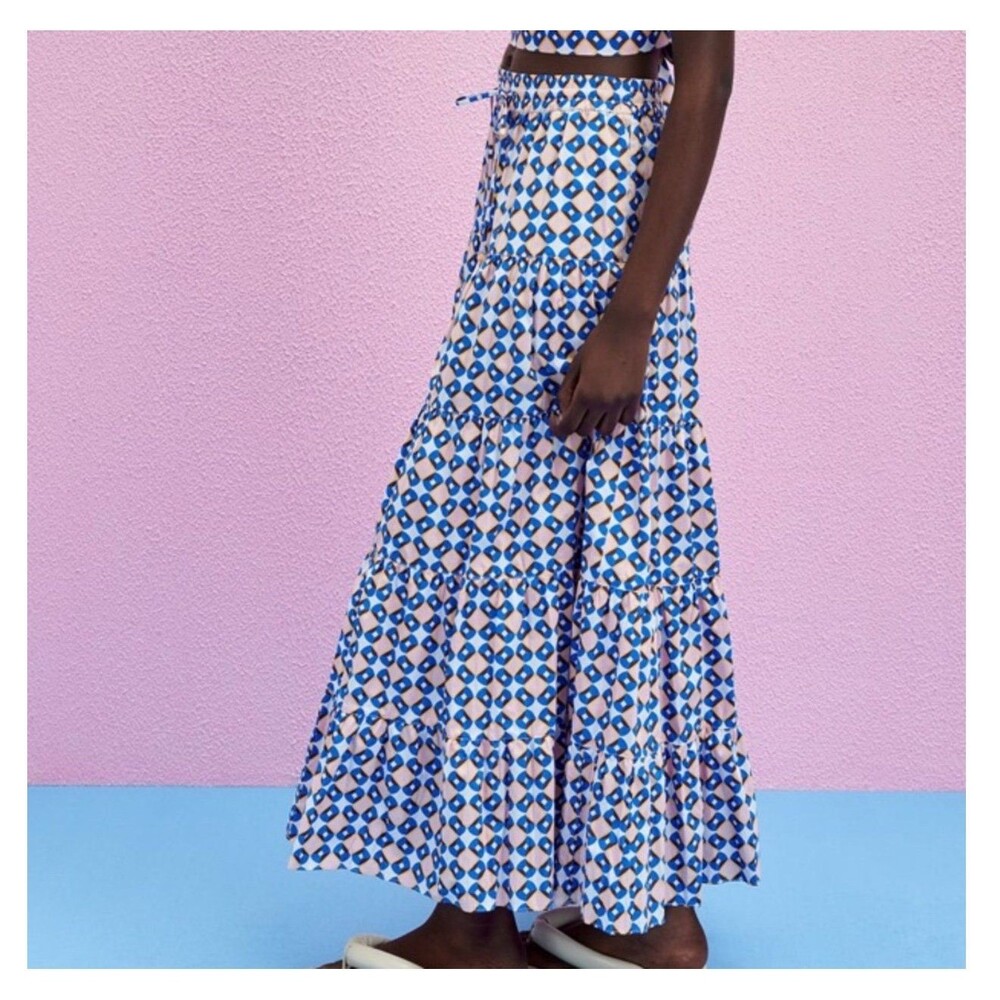 ZARA Geometric Print Maxi Skirt Women’s Size S Pockets Summer Vacation - Picture 2 of 12
